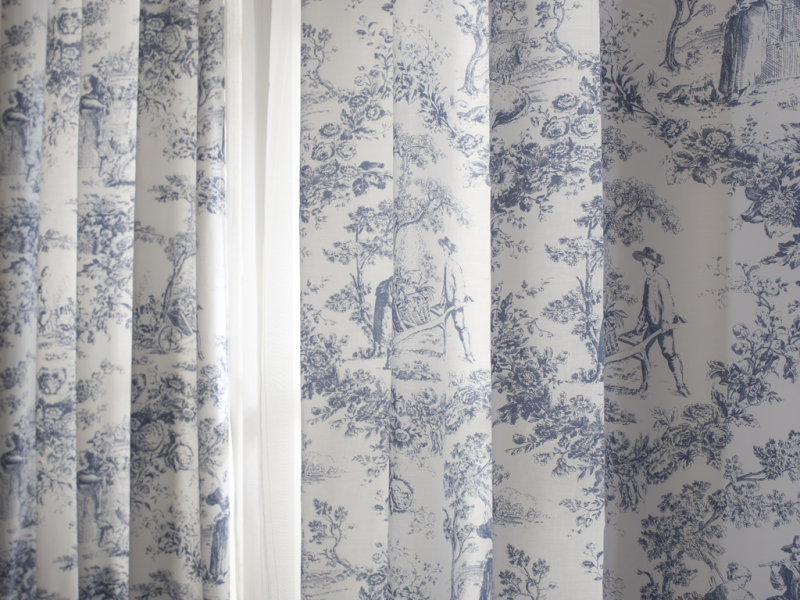 Toile De Jouy Vintage Blue Lined Curtains